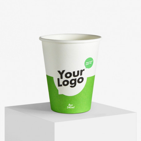 240 ml biodegradable paper cup with your logo in green and white
