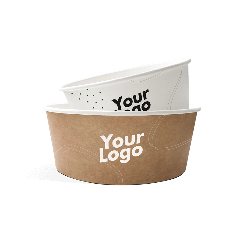 Custom printed paper bowls in white and brown