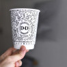 Customised 350 ml black and white double wall paper cup with 'Dan & Decarlo' logo