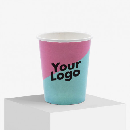 Custom printed BIO-single wall paper cup 240 ml in pink and turquoise