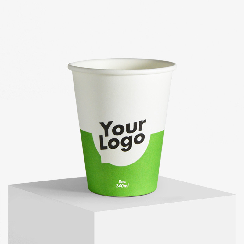 240 ml green and white single wall paper cup with matte surface with 'Your Logo'